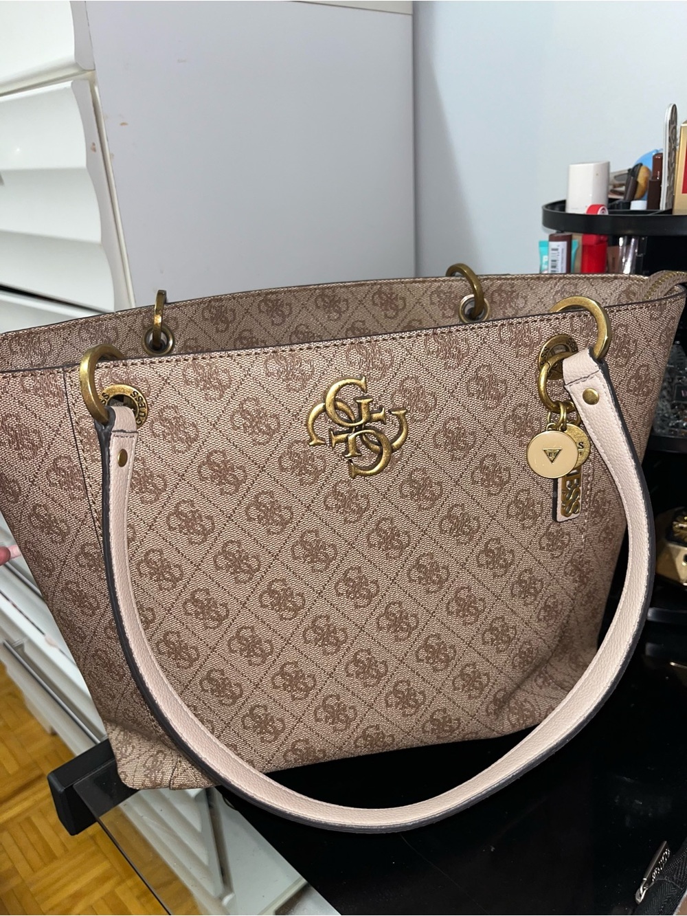 GUESS Beige Logo Print Tote with Gold Hardware